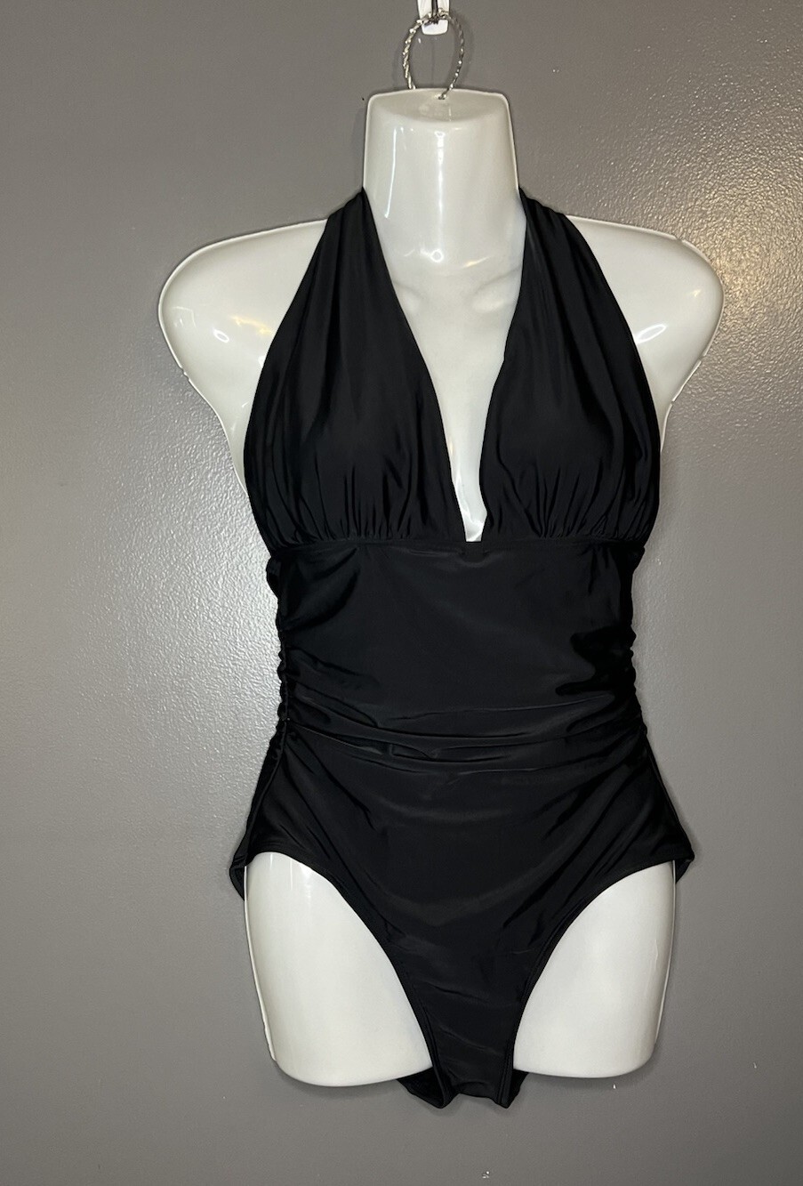 Old Navy Womenโs Small Deep V-Neck Tie Back Black Halter One-Piece Swimsuit